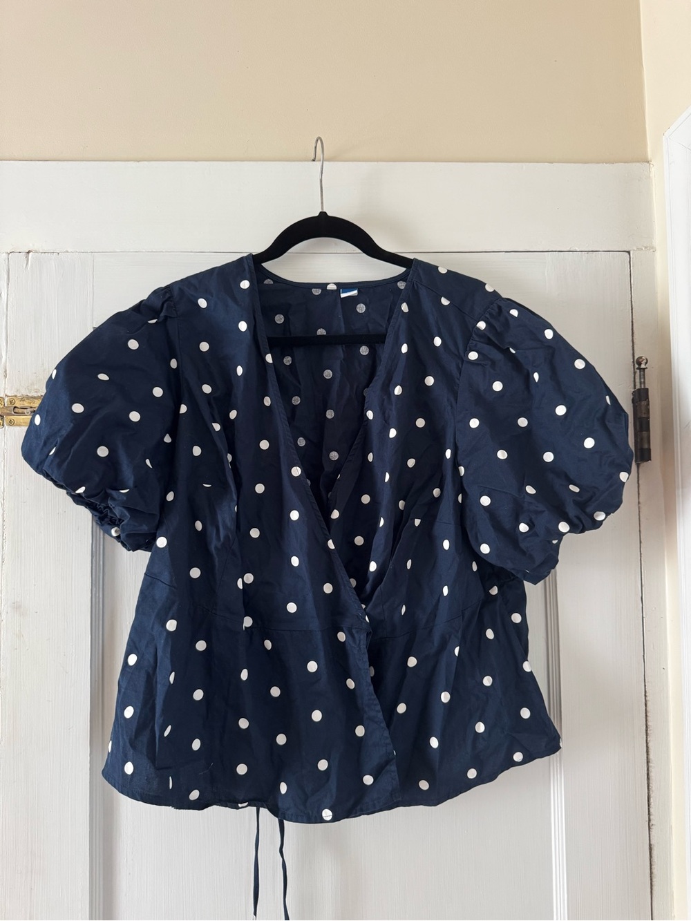 Old Navy Navy and White Polka Dot Puff Sleeve Wrap Blouse